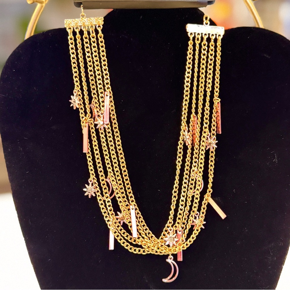 Multi-Layered Choker Necklace with Pink Sun Moon & Star Charms